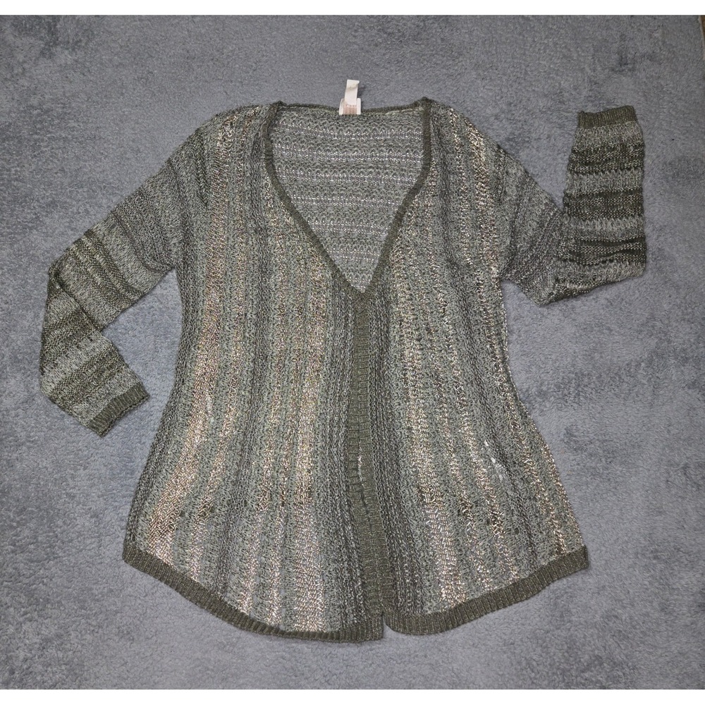 Chico's Open Front Knit Cardigan Sweater Metallic Silver Gray Size 2 EUC